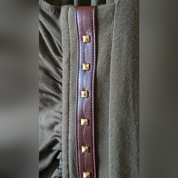 CARMEN MARC VALVO Dress, Faux Wrap, Olive Green, Brown Harness Trim, Size S - Picture 3 of 6